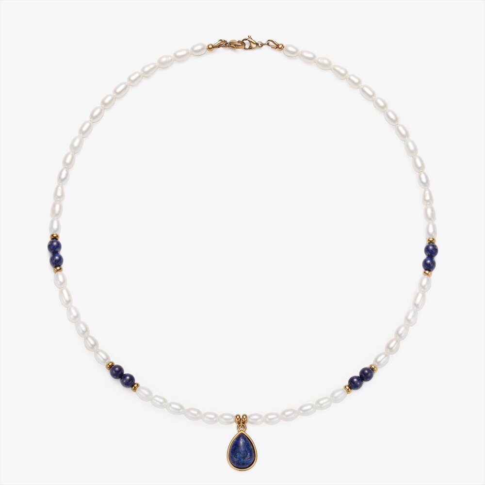 Fresh Water Pearl Necklace With Charm Pendants Lapis